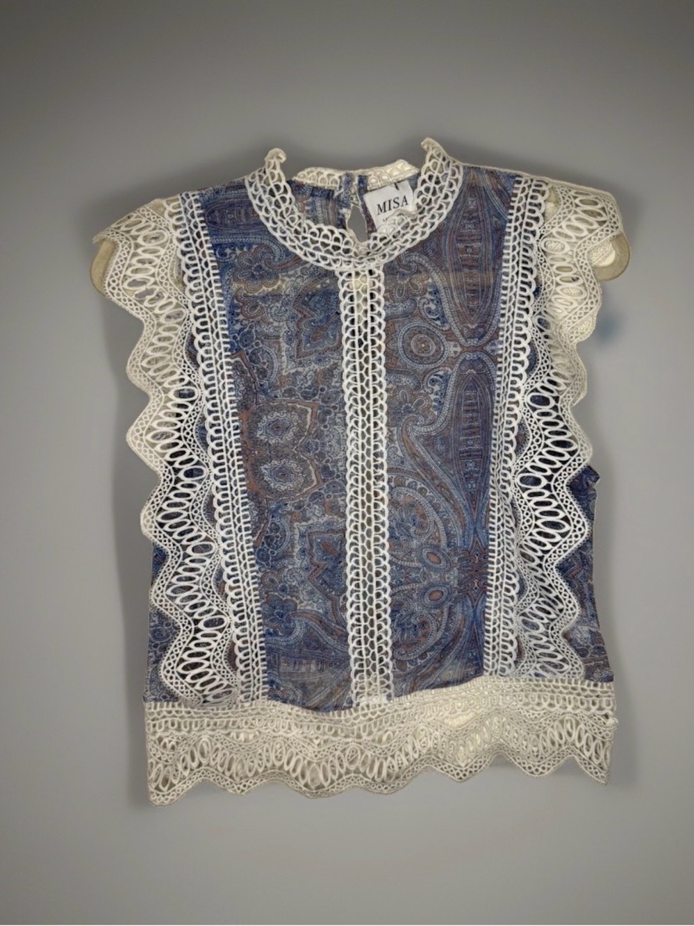 Los Angeles Blue Paisley Lace-Trim Sleeveless Blouse
